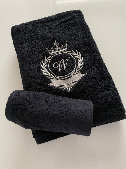 Black Bath towel set / Silver thread / Monogrammed Towels / Embroidered initials