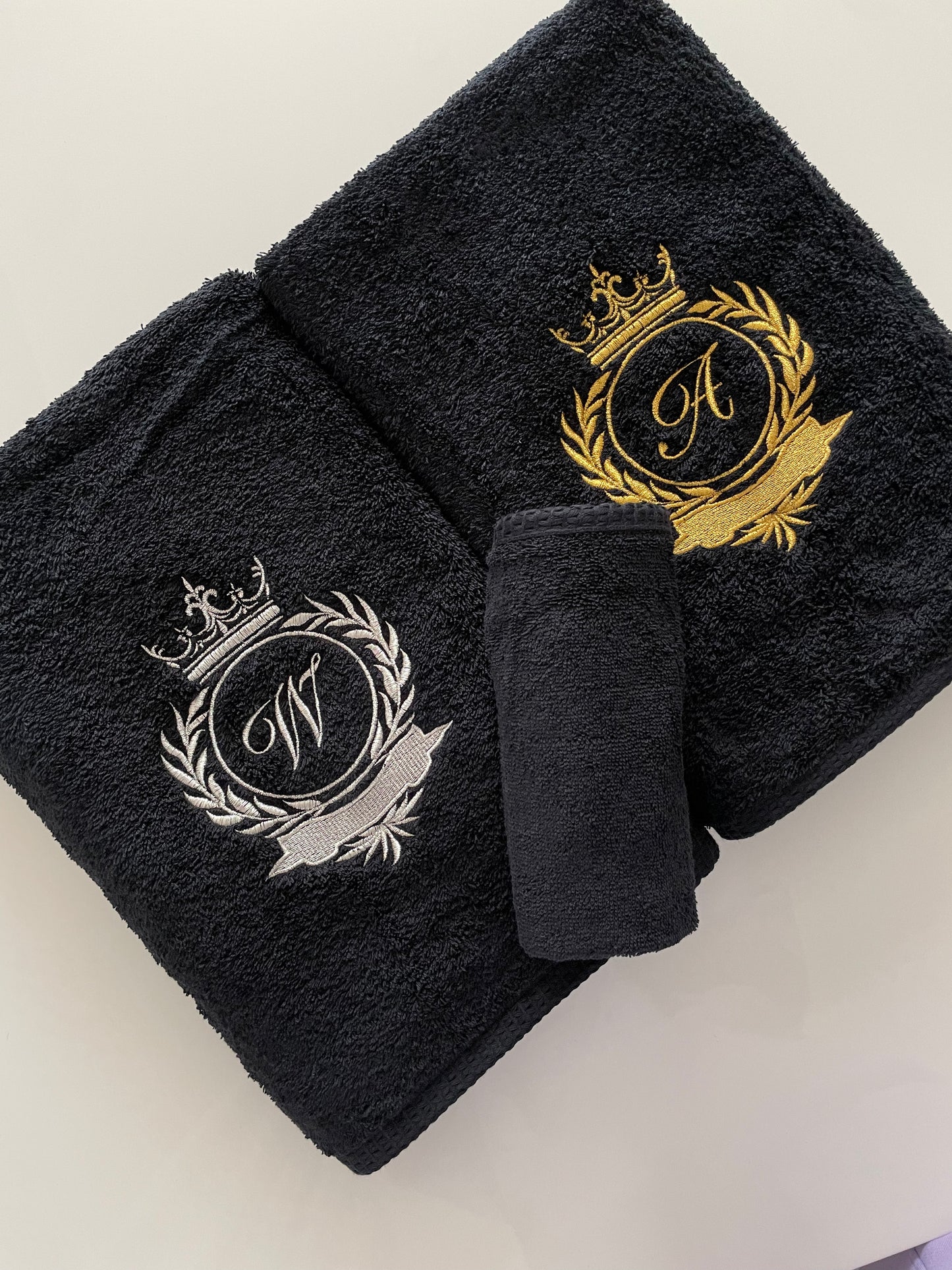 Black Bath towel set with initials / Monogrammed Towels / Embroidered antique gold initials