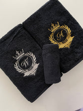 Load image into Gallery viewer, Black Bath towel set with initials / Monogrammed Towels / Embroidered antique gold initials
