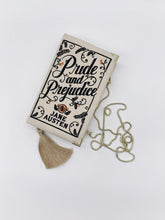 Load image into Gallery viewer, Embroidered Book Clutch - Pride and Prejudice - with tassel and chain

