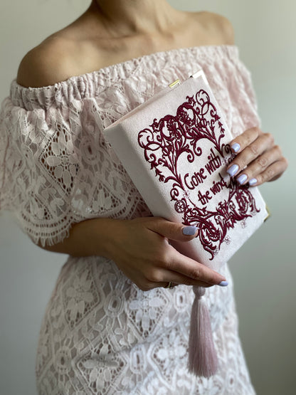 Embroidered book clutch, pink novelty bag, crossbody purse Gone with the Wind