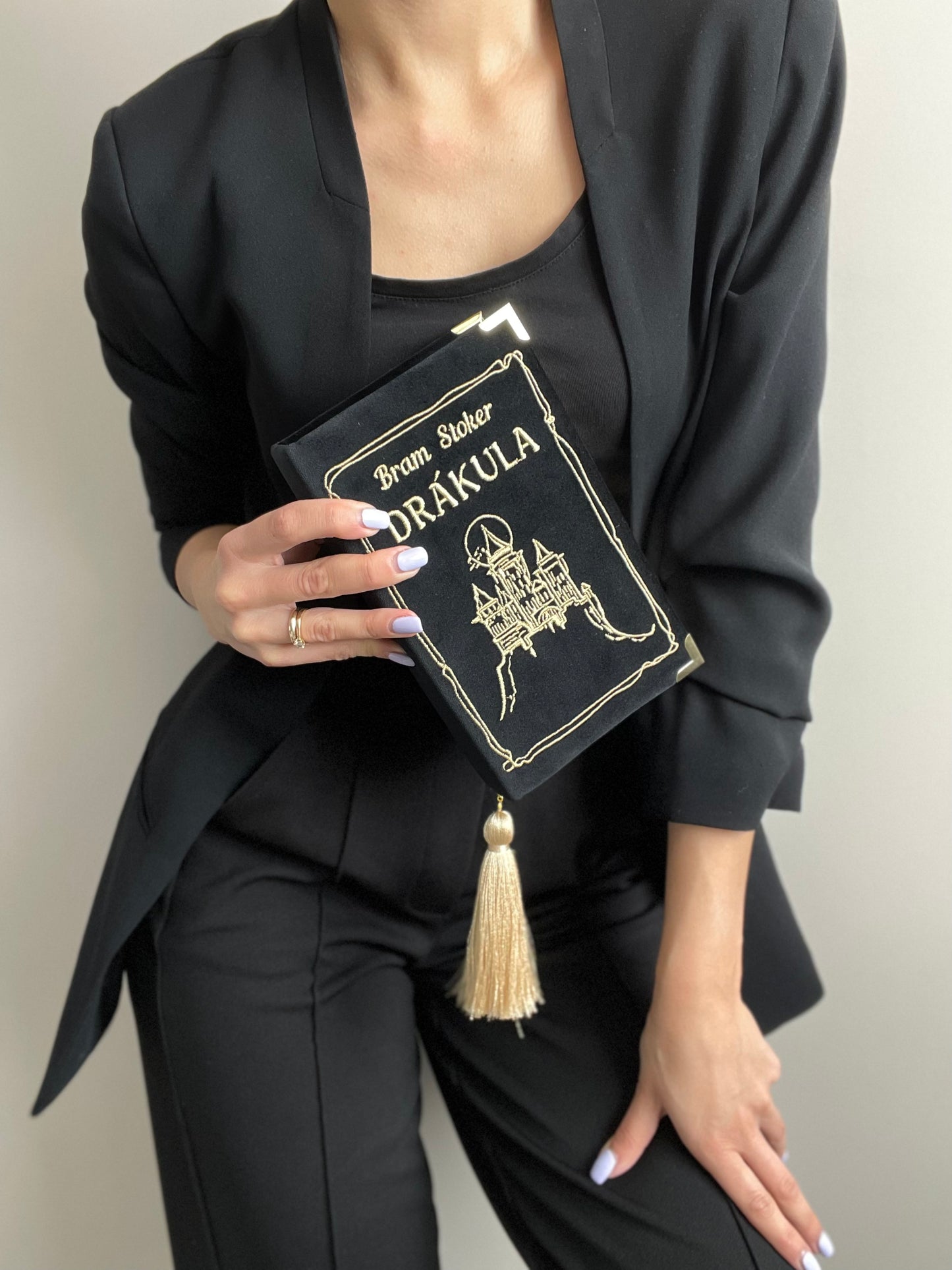 Personalized book clutch handbag, black velvet novelty bag, crossbody purse Drakula