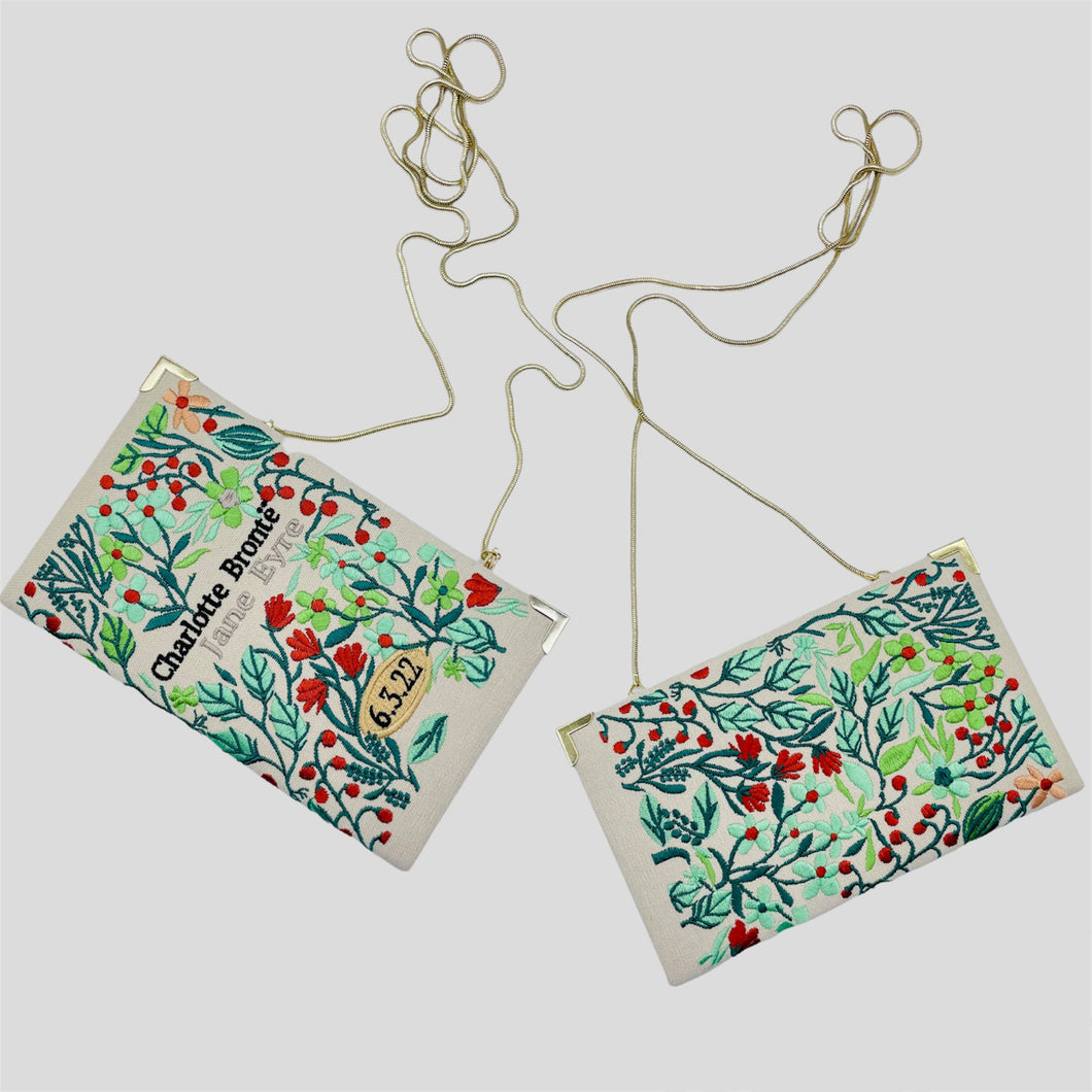 Embroidered book clutch, novelty bag, crossbody, shoulder purse Jane Eyre floral - 2 sided