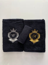 Load image into Gallery viewer, Black Bath towel set / Silver thread / Monogrammed Towels / Embroidered initials
