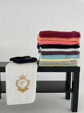 Load image into Gallery viewer, White Bath towel set with initials / Gold metallic antique thread / Monogrammed Towels / Embroidered initials
