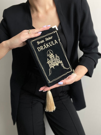 Personalized book clutch handbag, black velvet novelty bag, crossbody purse Drakula